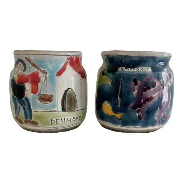 Giovanni DeSimone (Italy, 1930-1991), Hand Painted Art Pottery Cache Pot/S Pair For Sale