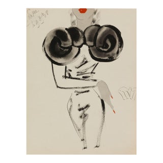 Vintage French Fashion Art Print – Sculptural Fur Shoulder Illustration, 12" X 16" For Sale
