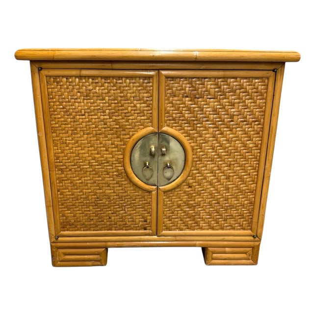 French Vintage Woven Rattan Brass Nightstand For Sale - Image 3 of 10
