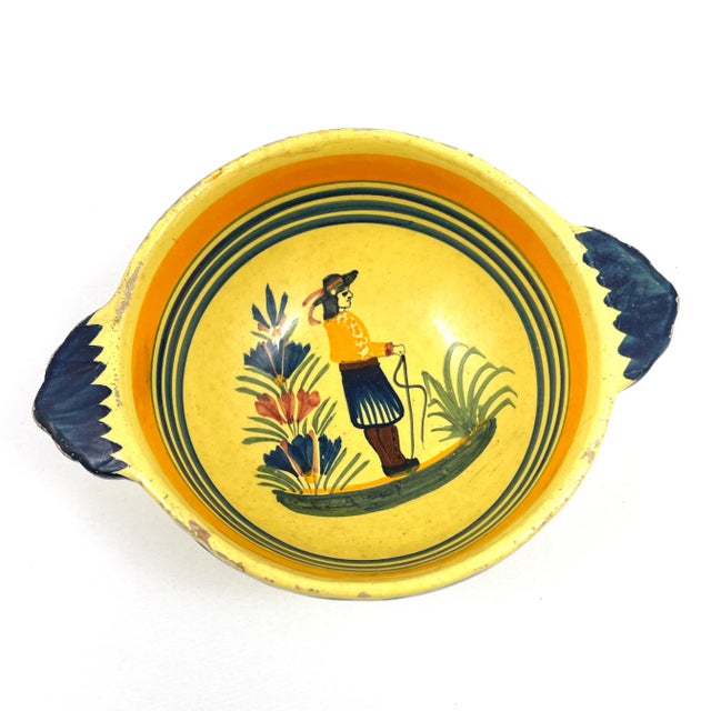 Ceramic Vintage Henriot Quimper Soleil Yellow Handled Bowl/Cider Cup With Breton Man & Floral Motif For Sale - Image 7 of 7