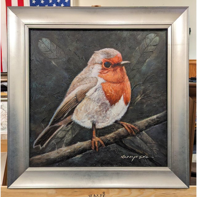 Song Bird: Framed textured English Finch Bird Art Painting On Canvas. Silver Frame. Kanayo Ede Art Atlanta. Framed...