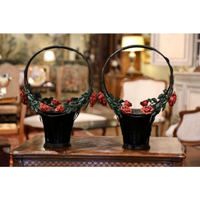 French Pair of Mid-Century French Painted Iron Hanging Jardinière Baskets With Roses For Sale - Image 3 of 13