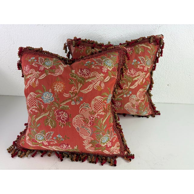 Red Vintage Brunschwig & Fils French Country Brocade Pillows /Pair For Sale - Image 8 of 8