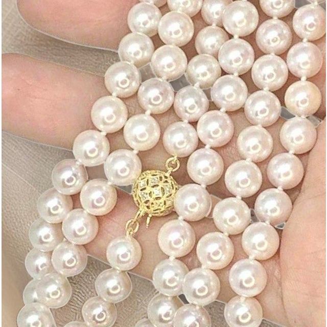 1990s Diamond Akoya Pearl Necklace 14k Gold 8 Mm 36 in Certified For Sale - Image 4 of 11