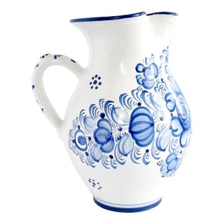 Vintage Large Czech Blue and White Ceramic Pitcher For Sale