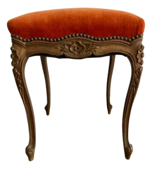 Late 20th Century Louis XV Handcarved Stool in Orange Velvet