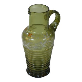 Late 19th Century German Beer / Wine Pitcher Bohemian Mouth Blown Glass, Hand Painted Enamel, Mery Gregory Style Glass For Sale