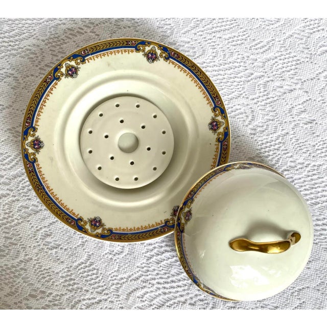 Blue 1929 Vintage Union Céramique Limoges 7 Pieces Serving Set with Roses, Blue Band, Yellow Laurel, Gold Rim For Sale - Image 8 of 11