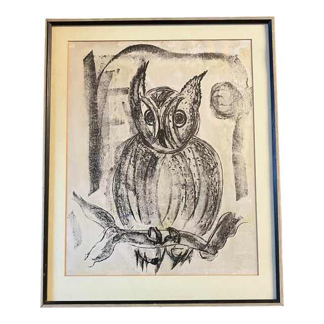 1950’s Original Modernist Owl Lithograph Print Original Frame &Mat For Sale