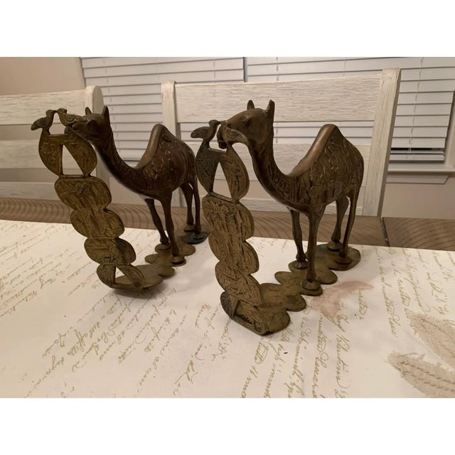Vintage Mid-Century Brass Camel Bookends With Ornate Hieroglyphs and Symbols - a Pair For Sale - Image 9 of 12