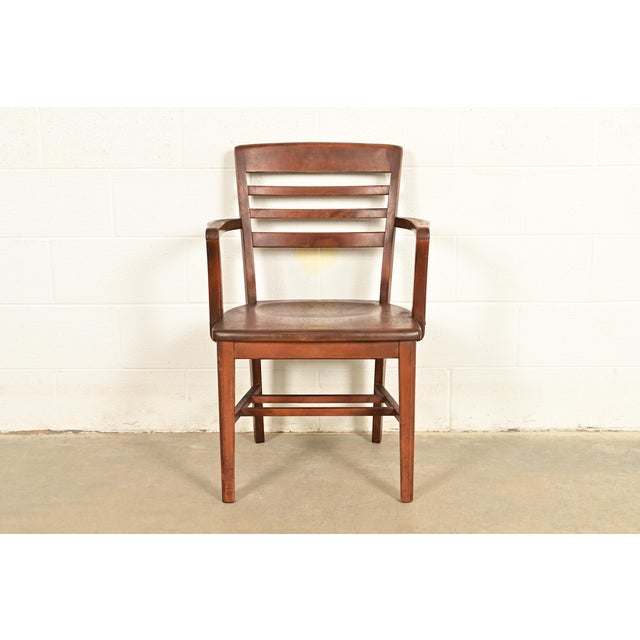 Art Deco Antique Arts & Crafts Carved Walnut Banker's Chair, Circa 1920s For Sale - Image 3 of 12
