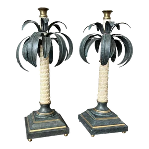 1990s Italian Hand-Painted Palm Tree Candlesticks - Set of 2