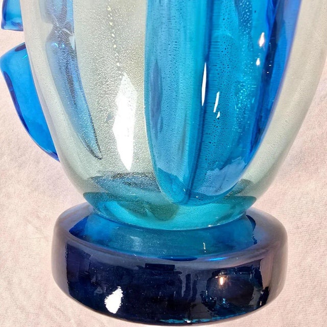 Pair of Signed Blue Murano Glass Vases 1980 For Sale - Image 9 of 10