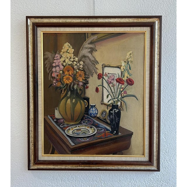 Gabriel Edouard Haberjahn, Nature morte aux fleurs et poteries, 1923, Oil on Cardboard, Framed For Sale - Image 14 of 14