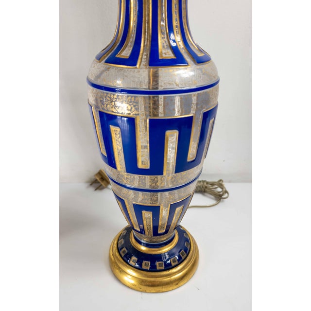 Metal 19th Century Pair of Bohemian Cameo Glass Table Lamp Vases With Greek Key Design in Blue For Sale - Image 7 of 16