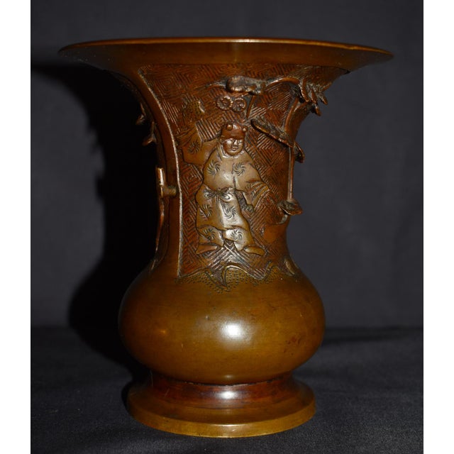 Antique Japanese Bronze Vase With Figural and Landsape Motif For Sale - Image 13 of 14