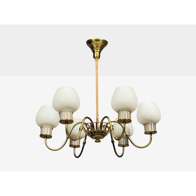 1960s Danish Modern, Chandelier, Brass, String, Glass For Sale - Image 4 of 13