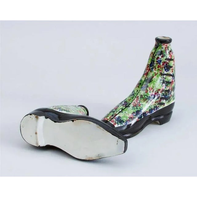 English Pottery Pearlware Sponged Spirit Flasks Modeled in Form of Boots - a Pair For Sale - Image 3 of 5