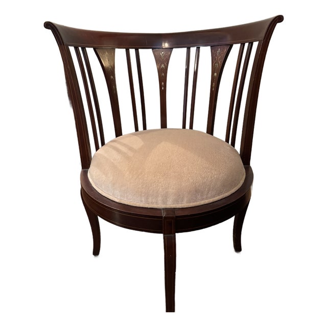 Mid 20th Century Hepplewhite-Style Inlaid Mahogany Barrel Back Accent Chair With Upholstered Seat For Sale