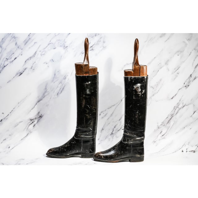 Wood Stately Antique English Black Leather Horse Riding Boots With Wood Trees Equestrian Country Home Decor For Sale - Image 7 of 12