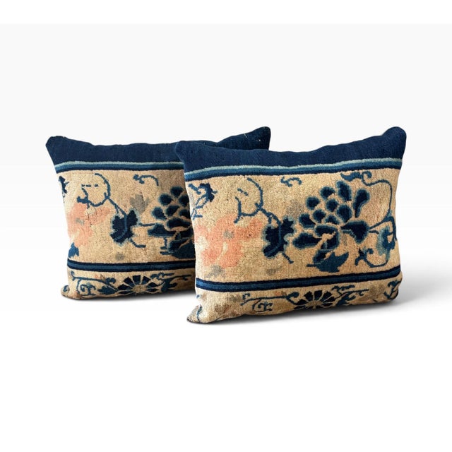 Chinese Custom Made Set of Two Pillows W/Antique Chinese Rug Fragment 19.5" W For Sale - Image 3 of 10