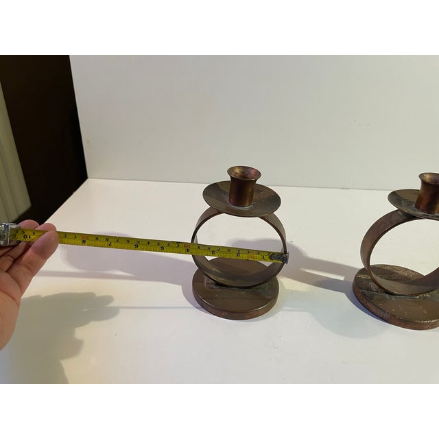 Metal Swedish Grace Patinated Copper Circle Candleholders, 1920s, Set of 2 For Sale - Image 7 of 9