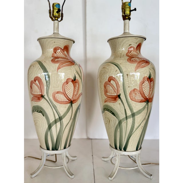 Pair of Ceramic Table Lamps With Hand Painted Flowers & Crackle Finish on Metal Stands. For Sale In Miami - Image 6 of 9