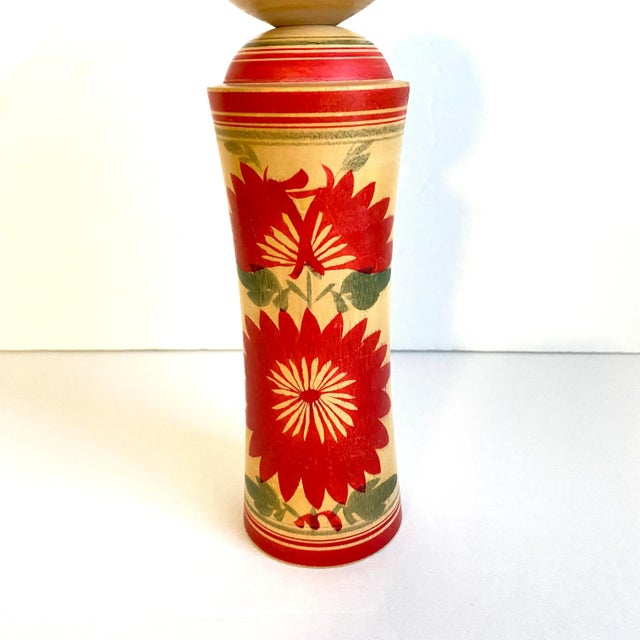 Vintage Kokeshi Doll Large Japanese Wooden Statue Hand Painted Artist Signed 11” Tall Red and green painted flower motif,...
