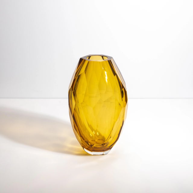 Set of 3 Hand Blown Murano Faceted Vases in Amber For Sale - Image 10 of 11