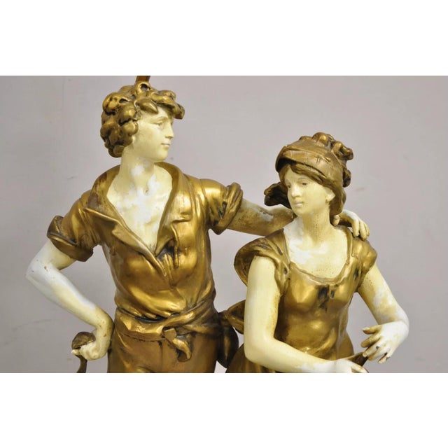 Antique French Renaissance Moreau Figural Metal Table Lamp, Wife & Farmer For Sale - Image 4 of 12