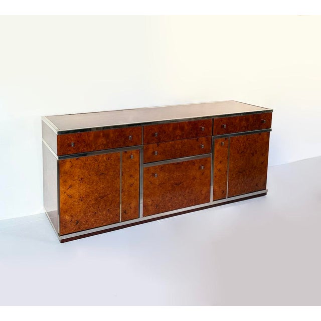 Mid-Century Modern Vintage Brass and Burl Sideboard with Drawers, 1970 For Sale - Image 3 of 14