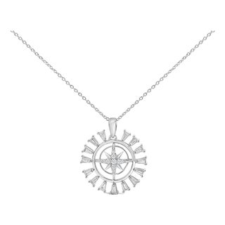 Sterling Silver 1/2 Cttw Diamond Starburst Compass Medallion Pendant Necklace For Sale