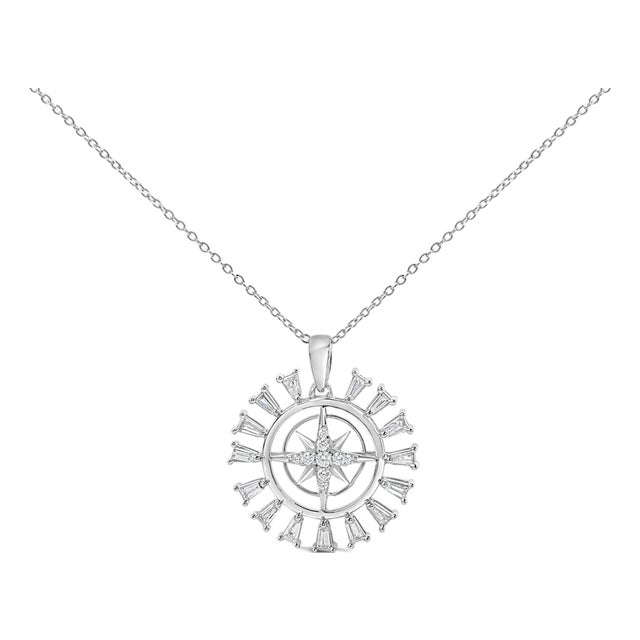 Sterling Silver 1/2 Cttw Diamond Starburst Compass Medallion Pendant Necklace For Sale