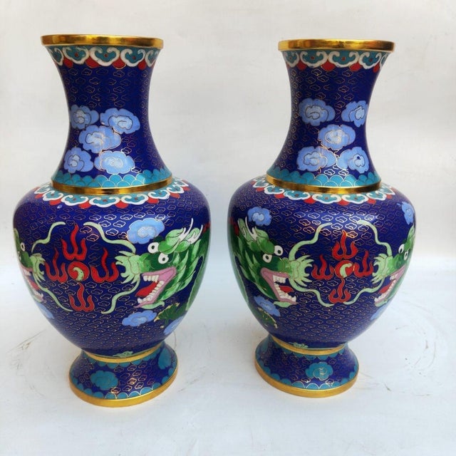 Blue Pair of Vintage Cloisonné Enamel Dragon Vases – Sapphire Blue Ground, Gilded Accents For Sale - Image 8 of 9