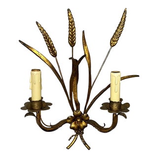 Vintage Hollywood Regency Tole Gilt Sheaf of Wheat Two Arm Wall Sconce With Cord For Sale
