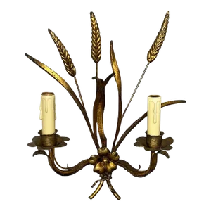 Vintage Hollywood Regency Tole Gilt Sheaf of Wheat Two Arm Wall Sconce With Cord