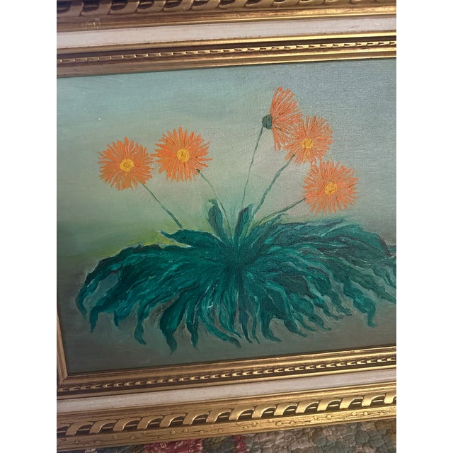 Mid-Century Painting of Daisies in Deep Saffron and Emerald Green For Sale - Image 4 of 7