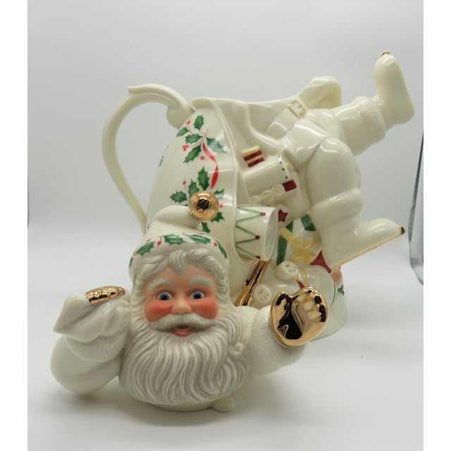 American Vintage 1999 Lenox Holiday Collection Christmas Ice Skating Santa Porcelain Tea Pot For Sale - Image 3 of 10