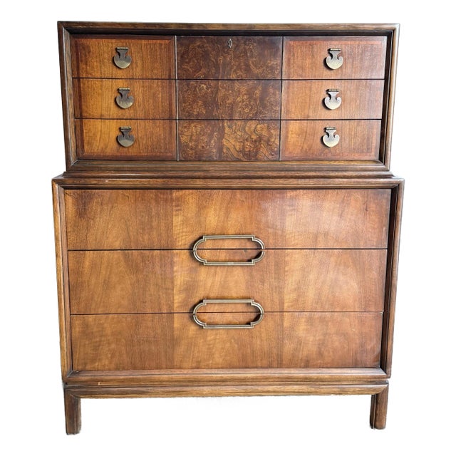 Mid Century Modern Burl Wood Highboy Dresser by Thomasville For Sale
