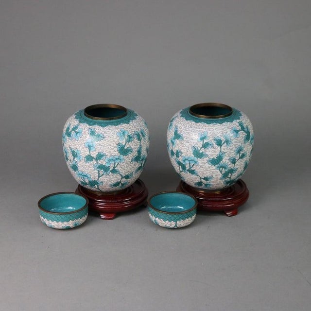 1930s Pair of Antique Chinese Cloisonne Floral Enameled Covered Urns C1930 For Sale - Image 5 of 10