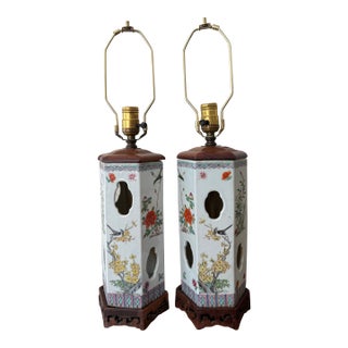 Vintage Chinese Famille Rose Porcelain Wig Stand Table Lamps on Carved Wood Bases - a Pair For Sale