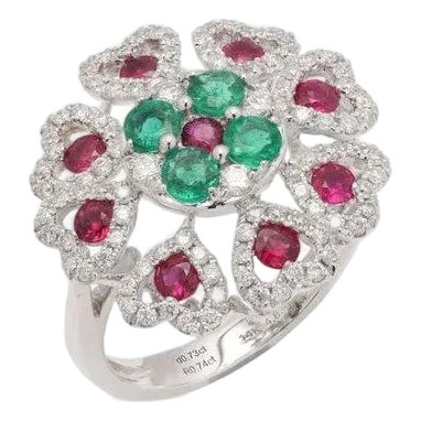 14k White Gold Emerald and Ruby Floral Cocktail Ring With Diamonds Size 6 For Sale