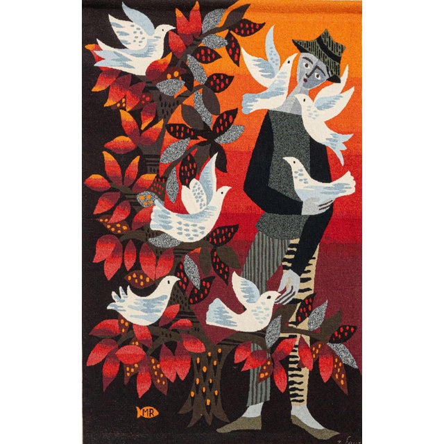 Handwoven in wool, this 4x5 vintage Aubusson tapestry titled “The Enchanter” is based on a design by Michèle Ray and...