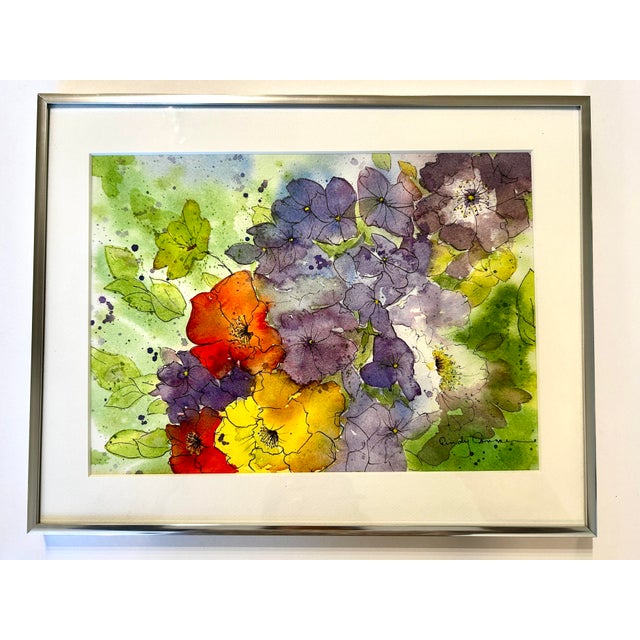 2020s Original Framed Watercolor Painting “Iceland Poppies and Sweet Peas” For Sale - Image 5 of 5