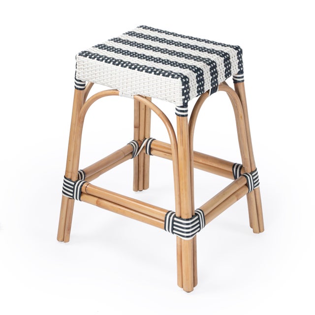 Robias 24.5 in. Seat Height Rectangular Rattan Backless Counter Stool with Footrest, White/Navy Stripe/ Natural Rattan Frame For Sale - Image 9 of 9