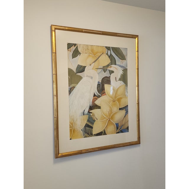 Wood 1940s Original Gouache Painting Egret Birds by James McCracken Signature Bamboo Framed Wall Art For Sale - Image 7 of 12