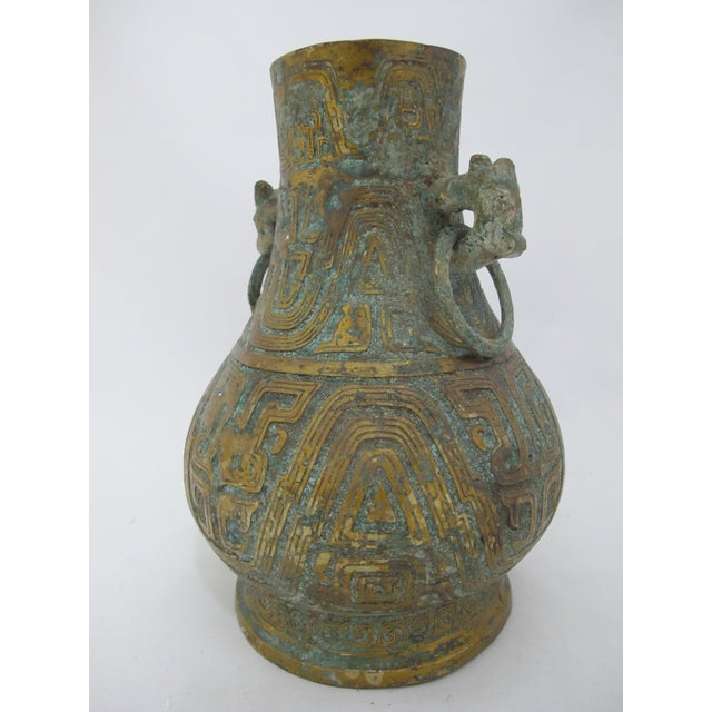 Tribal Chinese Archaic Gilt Bronze Ware Ritual Wine Hu Vessel With Beast Handles For Sale - Image 3 of 11