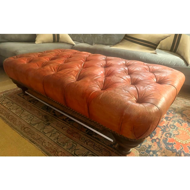 Fabulous Standard Oxblood Tufted Ottoman Attributed to George Smith, Gorgeous Vintage Patina. Contemporary Acrylic shelf...