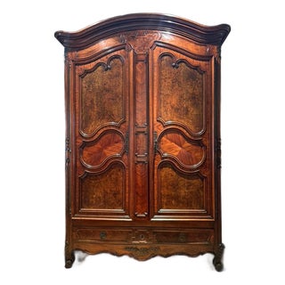 18th Century French Louis XV Walnut Armoire With Burr Elm, Chevron Inlay, Circa 1770 For Sale