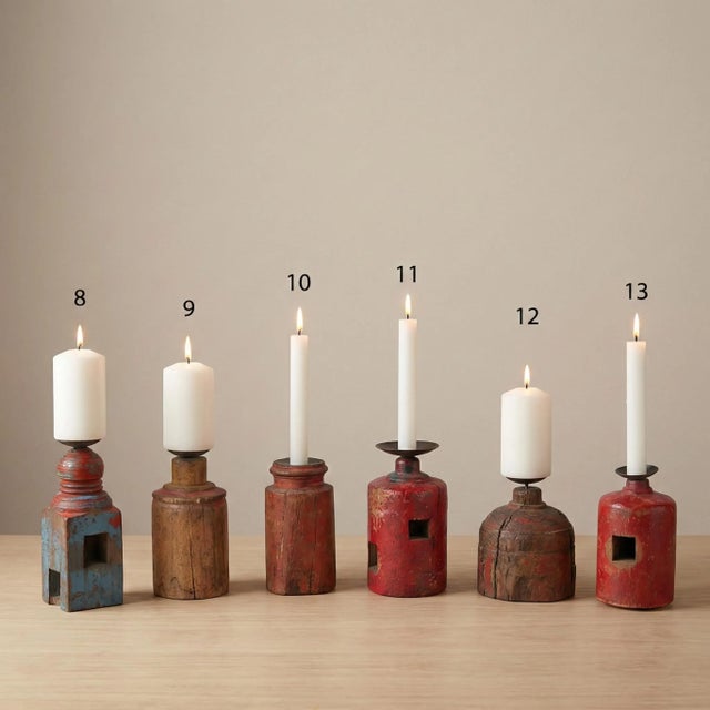 Far Pavilions 1950s Farmhouse Distressed Wood Pillar Candle Holder | Reclaimed Architectural Candlestick | Rustic Mantel Decor | Unique Housewarming Gift For Sale - Image 4 of 6